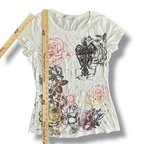Y2K Graphic Rose Cross Tee Appropriate Behavior White Distressed Glitter S/M - Picture 4 of 8